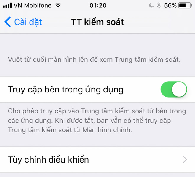 Trong cài đặt Control Center, tùy chọn cho phép bật/tắt khả năng truy cập Control Center từ ứng dụng từng biến mất trên bản Beta 1, nay đã được đưa trở lại